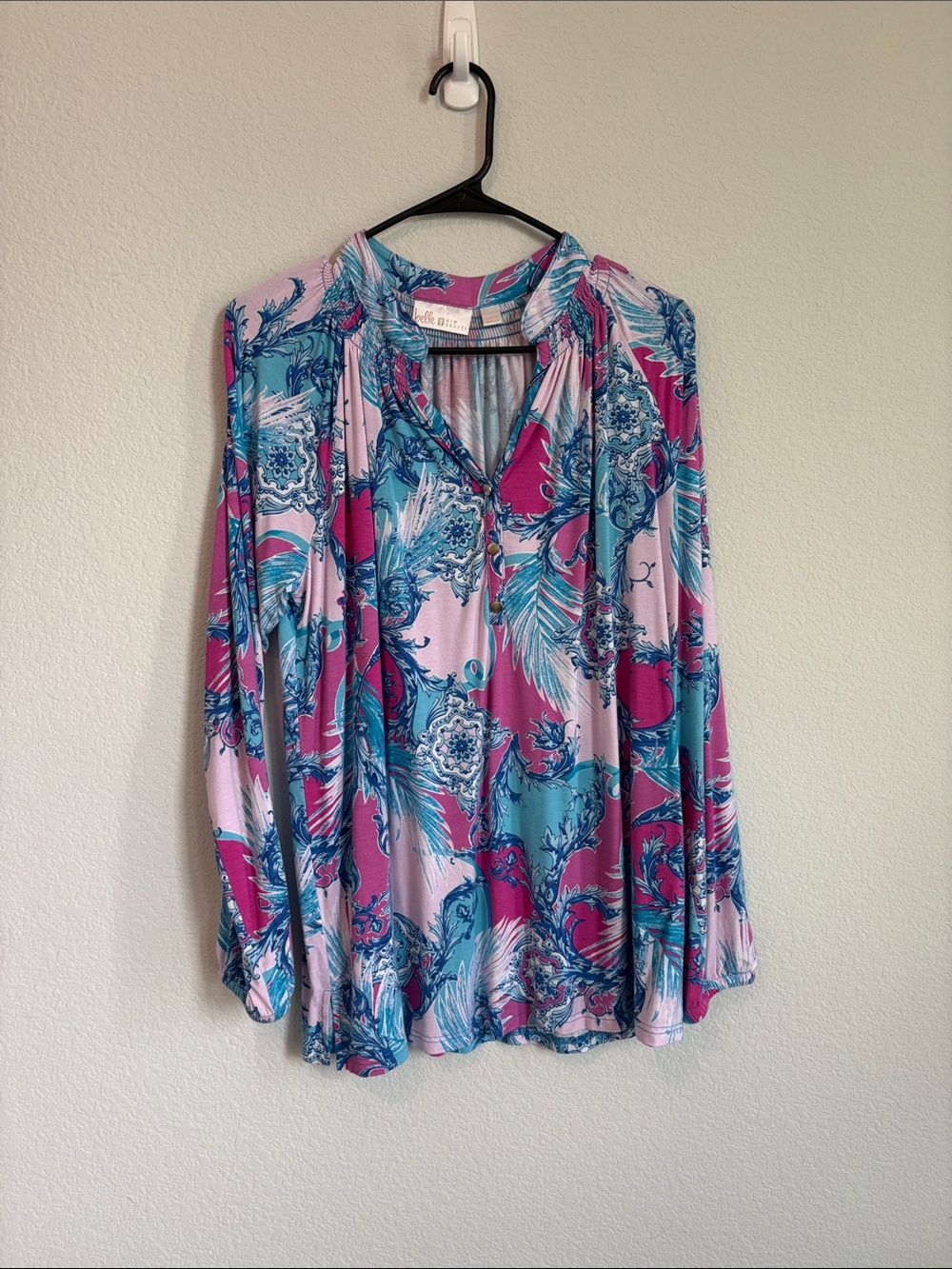 Belle by Kim Gravel Pink & Teal Floral long sleeve Top Large